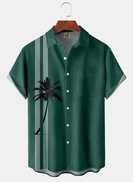 

Palm Tree Chest Pocket Short Sleeve Aloha Shirt, Green, Men Shirts