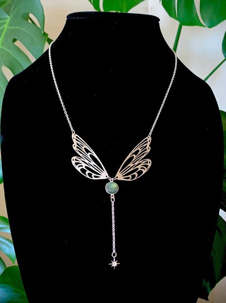 

Boho Vacation Silver Natural Crystal Dragonfly Pattern Long Necklace Beach Everyday Jewelry, Necklaces