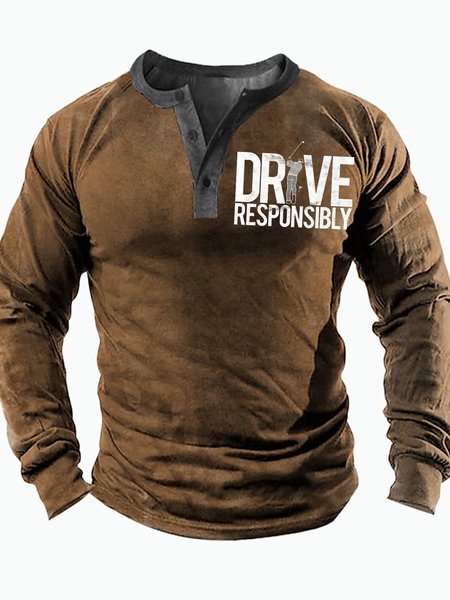 

Men's Drive Responsibly Funny Golf Graphic Print Text Letters Regular Fit Half Turtleneck Casual Top, Khaki, Long Sleeves
