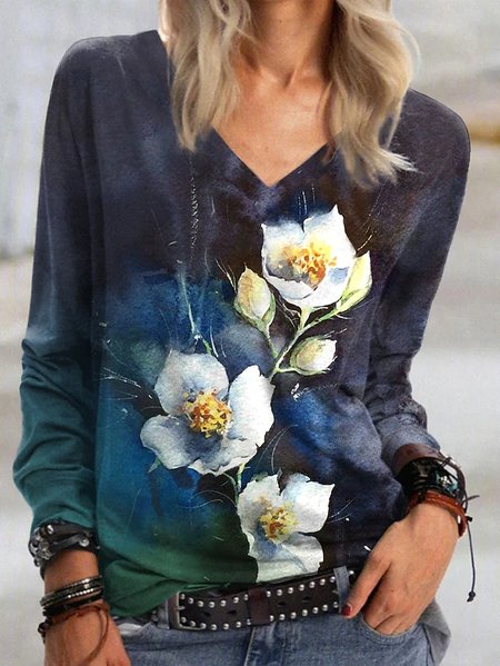 

Casual V Neck Floral Loose T-Shirt, Dark blue, T-Shirts
