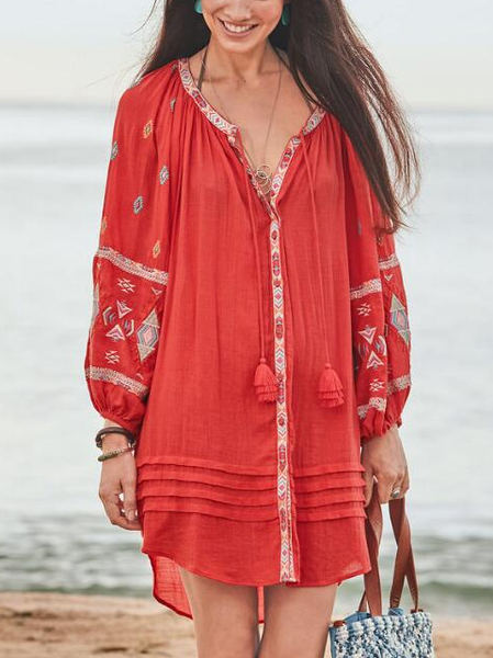 

Loose V Neck Casual Ethnic Dress, Brick red, Dresses