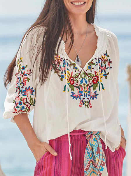 

Floral Loose V Neck Casual Top, Multicolor, Tops