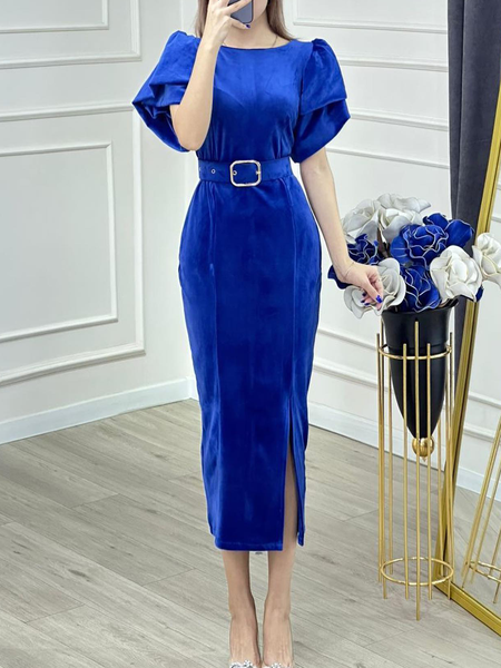 

Elegant Crew Neck Velvet Dress & Party Dress, Blue, Maxi Dresses