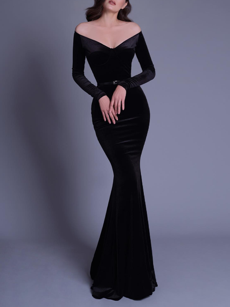 

Plain Regular Fit Elegant Velvet Dress & Party Dress, Black, Maxi Dresses