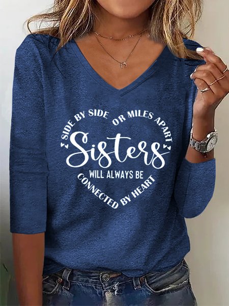 

Women Sister Text Letters Regular Fit Casual V Neck T-Shirt, Blue, Tops