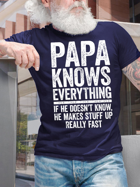 

Men's Papa Knows Everything If He Doesn't Know He Makes Stuff Up Really Fast Funny Graphic Print Cotton Text Letters Casual Loose T-Shirt, Purplish blue, T-shirts