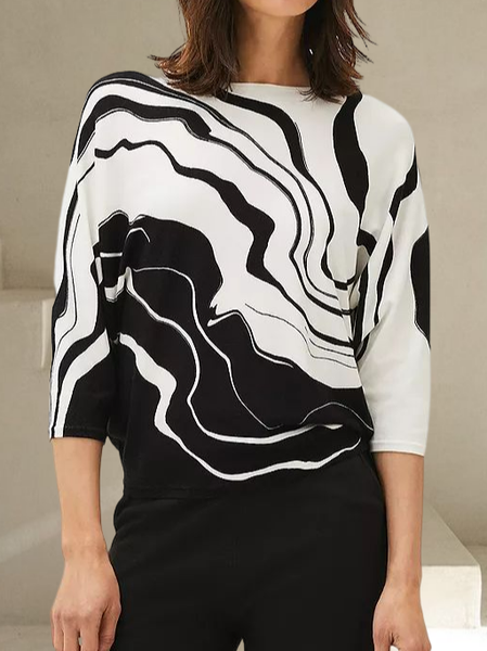 

Casual Crew Neck Chevron Top, Black-white, Tops