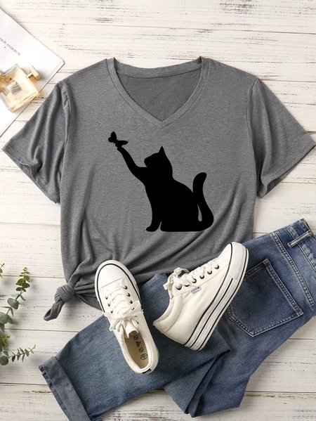 

Lilicloth X Manikvskhan Cat And Butterfly Women's V Neck T-Shirt, Gray, T-shirts