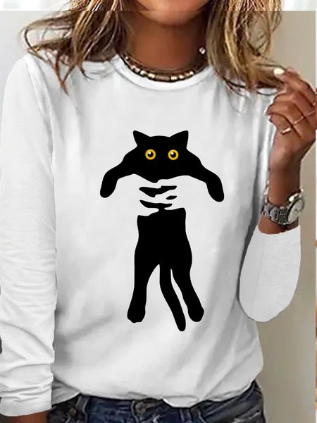

Women's Black Cat Crew Neck Letters Casual Top, White, Long sleeves