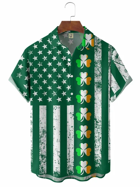 

Big Size St Patrick‘s Day American Flag Chest Pocket Short Sleeve Shirt, Green, Men Shirts