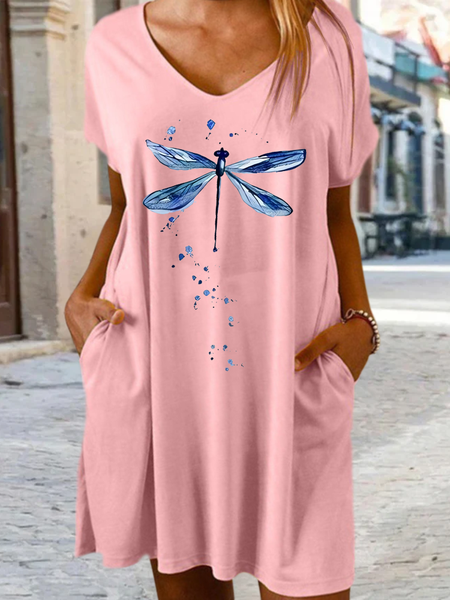 Women's Dragonfly V Neck Casual Dress, Pink, Dresses