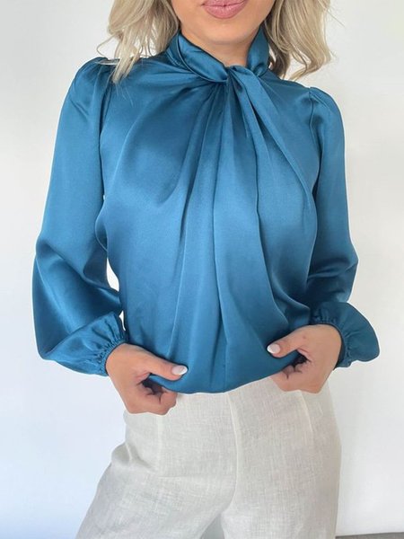 

Long sleeve Elegant Loose Plain Blouse, Blue, Blouses and Shirts