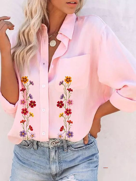 

Floral Shirt Collar Casual Loose Blouse, Pink, Shirts & Blouses