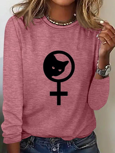 

Women’s Feminist Symbol Cat Simple Crew Neck Long Sleeve Top, Pink, Long sleeves