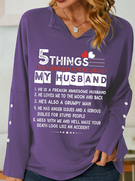 

Women's Funny 5 things you should know about my Husband V Neck Simple Loose Sweatshirt, Purple, Sweatshirts & Hoodies