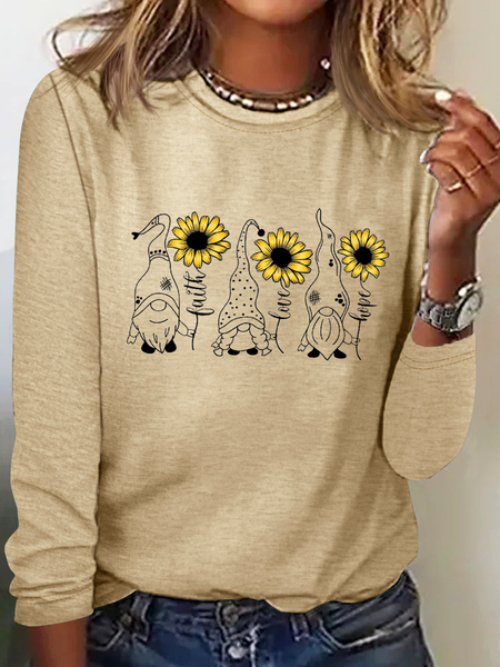 

Women’s Simple Cotton-Blend Crew Neck Sunflower Long Sleeve Top, Khaki, Long sleeves