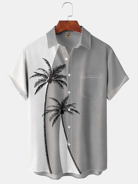 

Big Size Coconut Tree Chest Pocket Short Sleeve Hawaiian Shirt, Gray, Men Shirts