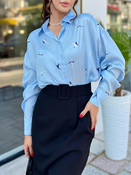 

Animal Regular Fit Shirt Collar Elegant Blouse, Blue, Blouses and Shirts