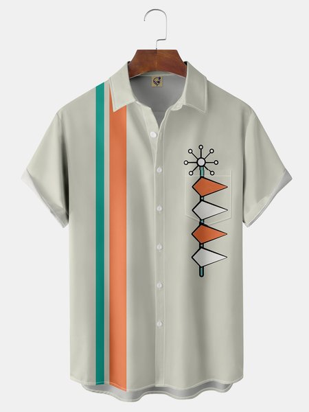 

Geometric Stripes Chest Pocket Short Sleeve Bowling Shirt, Light khaki, Men Shirts