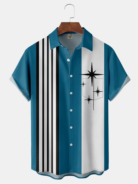 

Geometric Stripes Chest Pocket Short Sleeve Shirt, Blue, Men Shirts