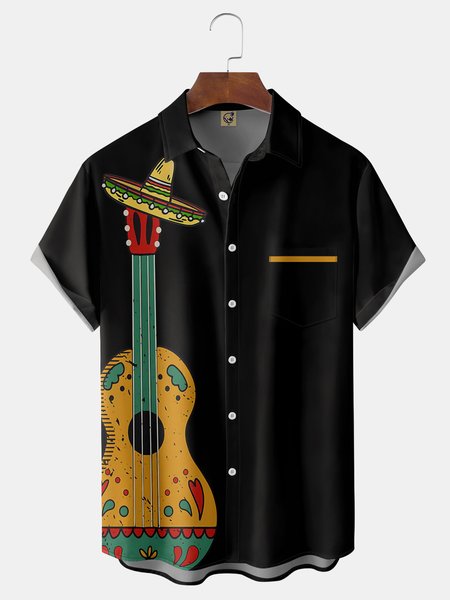 

Cinco De Mayo Guitar Chest Pocket Short Sleeve Shirt, Black, Men Shirts