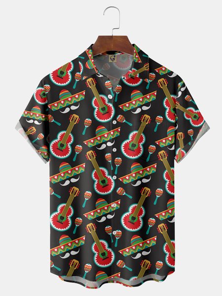 

Guitar Cinco De Mayo Chest Pocket Short Sleeve Shirt, Black, Men Shirts