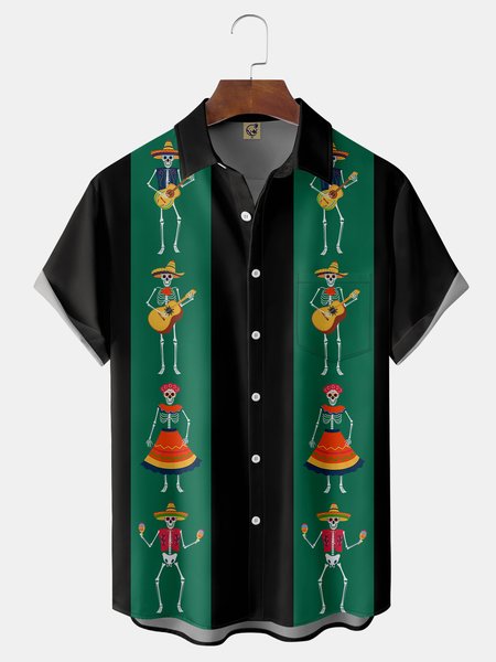 

Skull Chest Pocket Short Sleeve Bowling Shirt, Black, Men Shirts