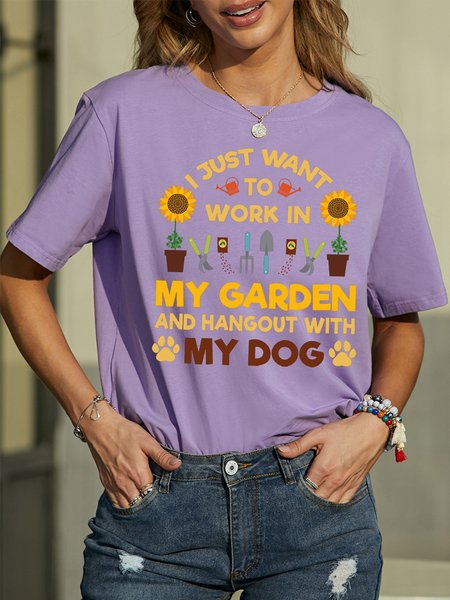 

Men's I Just Want To Work In My Garden And Hangout Woth My Dog Funny Sunflower Graphic Print Loose Cotton Crew Neck Casual T-Shirt, Purple, T-shirts