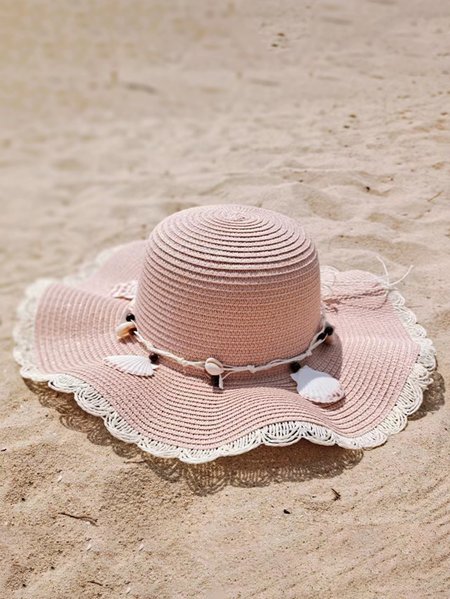 

Boho Seashell Trim Handwoven Straw Hat Beach Vacation Ethnic Accessories, Pink, Women Hats
