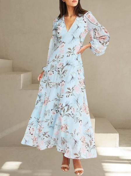

Floral Regular Fit Vacation V Neck Dress, Blue, Dresses
