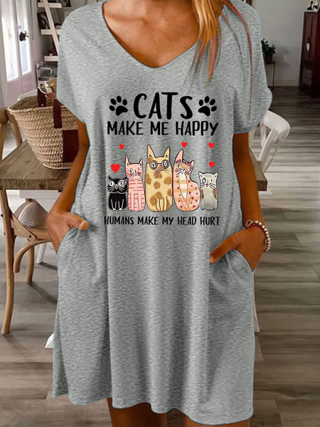

Women's Funny Cat Make Me Happy Loose Casual V Neck Dress, Gray, Dresses