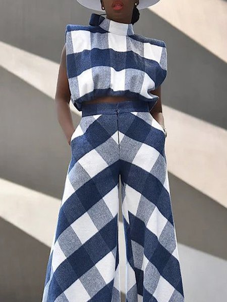 

Regular Fit Plaid Half Turtleneck Elegant Top, Blue, Linen Tops