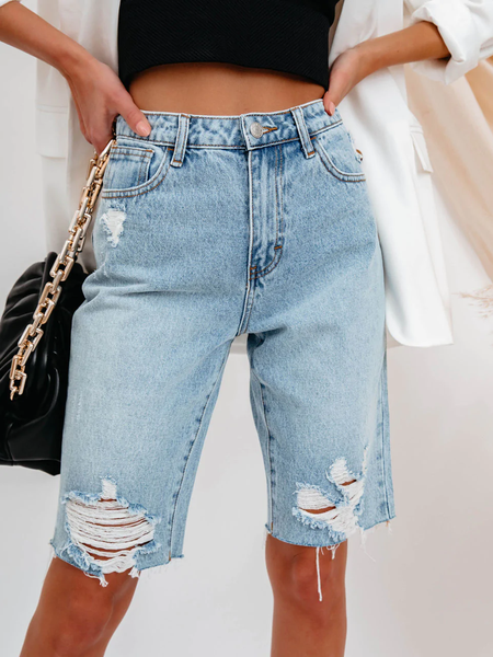 

Loose Casual Denim Plain Casual Pants, Blue, Shorts