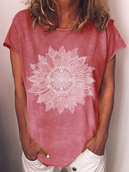 

Women's Sunflower Zentangle Print Casual Crew Neck T-Shirt, Red, T-shirts