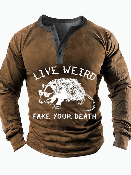 

Men's Live Weird Fake Your Death Funny Cool Mouse Graphic Print Regular Fit Casual Text Letters Top, Khaki, Long Sleeves