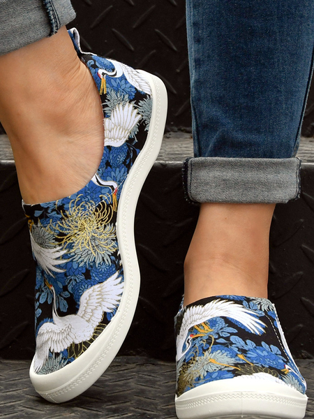 

Retro Pattern Graphic-Print Canvas Flat Shoes, Blue, Sneakers