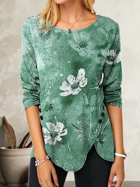 

Floral Casual Crew Neck T-Shirt, Green, T-Shirts