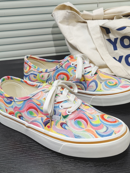 

Lovers Painting Graphic-Print Denim Lace-Up Canvas Flats, Multicolor, Sneakers