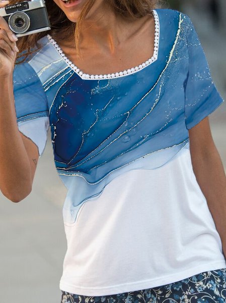 Casual Regular Fit Ombre Square Neck T-Shirt, Blue, T-Shirts
