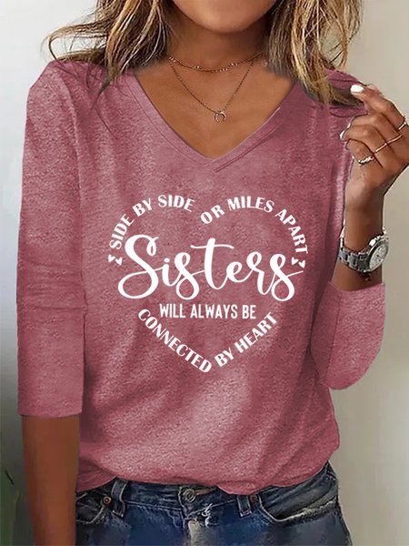 Women Sister Text Letters Regular Fit Casual V Neck T Shirt