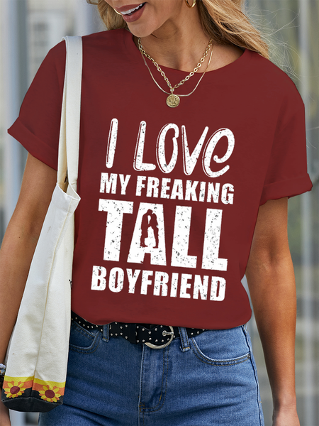 

Women's Couples Matching Valentines Day Love My Freaking Tall Boyfriend Crew Neck Casual T-Shirt, Red, T-Shirts