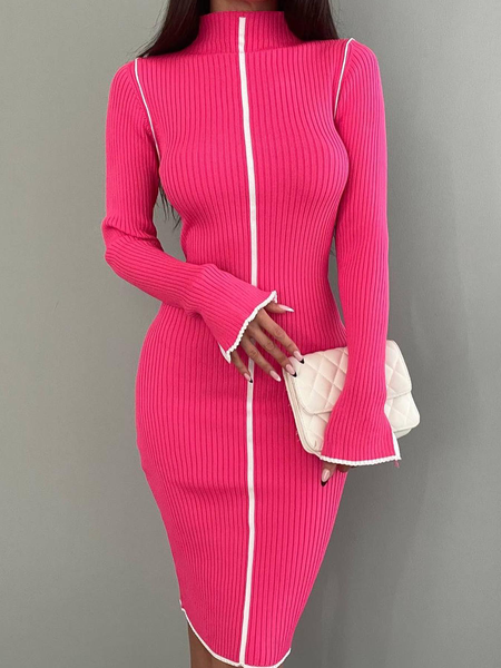 

Regular Fit Elegant Wool/Knitting Plain Dress, Pink, Knitwear
