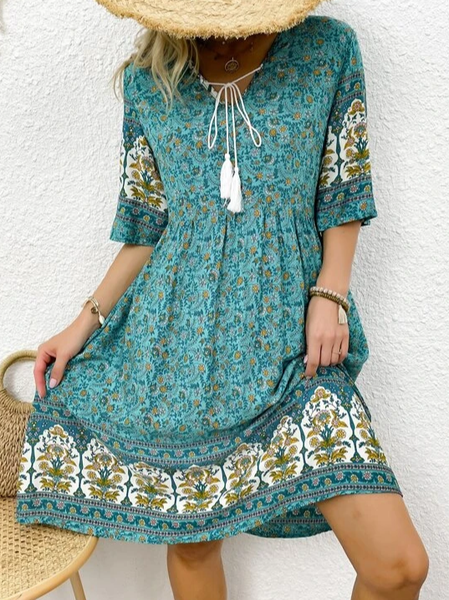 

Casual V Neck Floral Loose Dress, Blue, Dresses