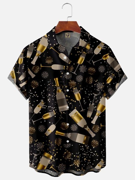 

Big Size New Year's Fireworks Chest Pocket Short Sleeve Shirt, Black, Men Shirts