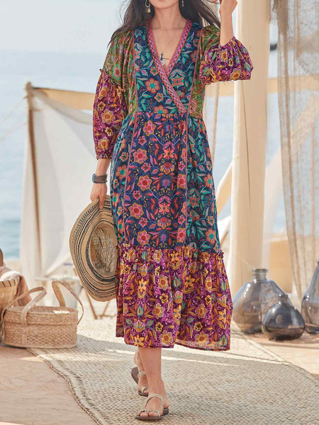 

Casual Loose Floral V Neck Dress, Multicolor, Dresses