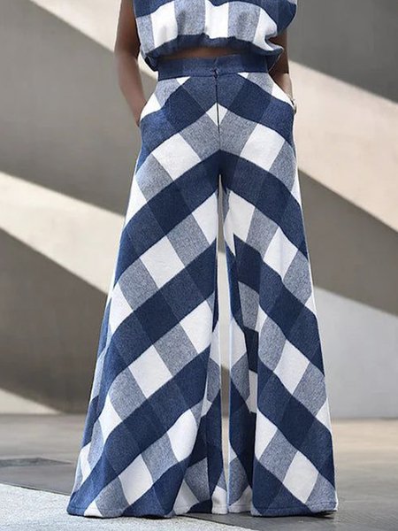 

High Waist Regular Fit Elegant Plaid Fashion Pants, Blue, Pants