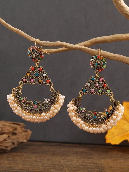 

Ethnic Vintage Colorful Crystal Scalloped Pearl Earrings Bohemian Resort Jewelry, Golden, Earrings
