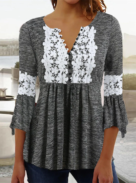 

Plain Casual Loose V Neck T-Shirt, Gray, T-Shirts