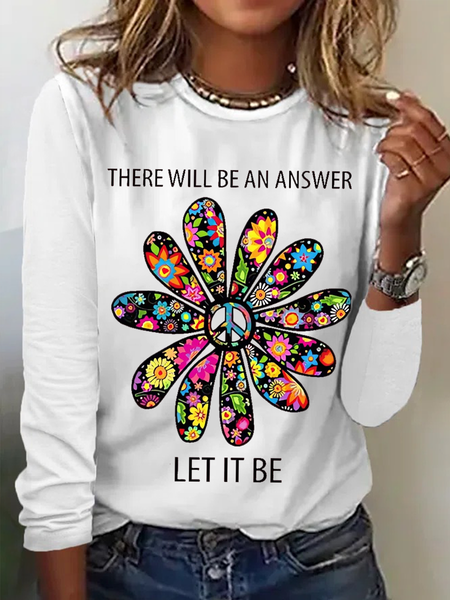 

Women's There will be an answer let it be sunflower Crew Neck Simple Long Sleeve Top, White, Long sleeves