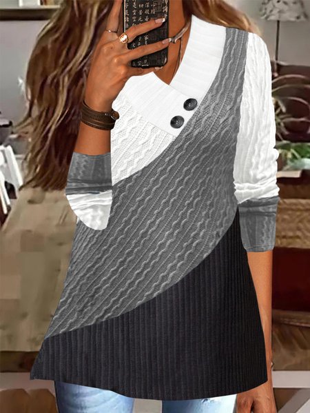 

Long sleeve V Neck Buckle Color Block Casual Sweatshirt, Gray, Hoodies & Sweatshirts